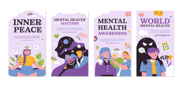 Flat world mental health day instagram stories collection