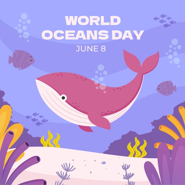 Flat world oceans day illustration with whale