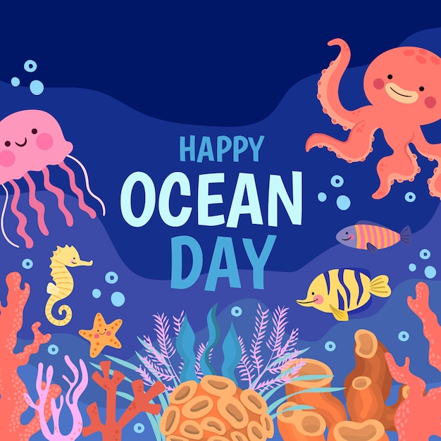 Flat world oceans day illustration