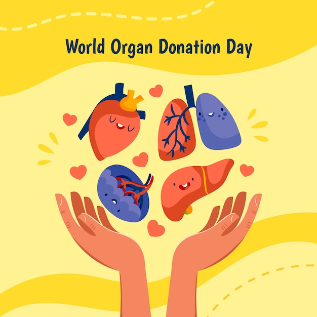 Flat world organ donation day illustration with hands showing organs