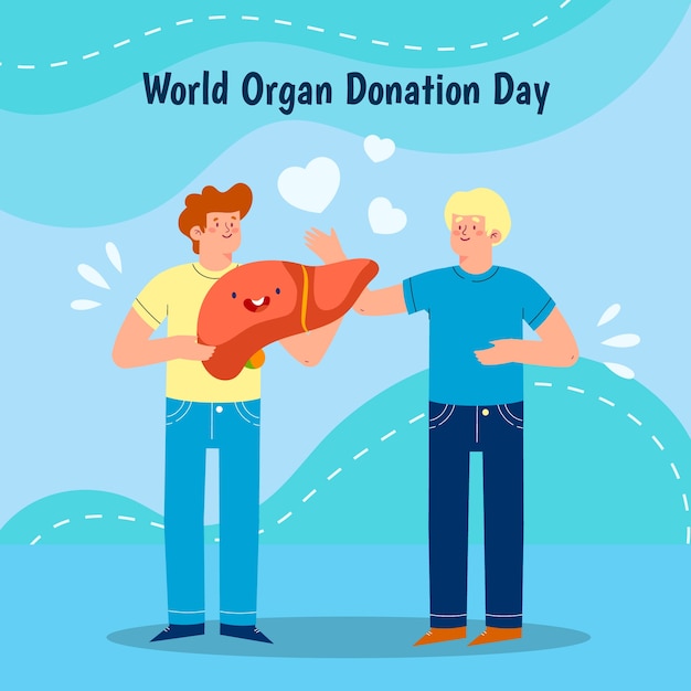 Flat world organ donation day illustration with people holding liver