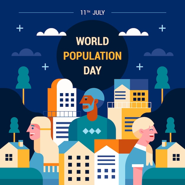 Vector flat world population day illustration with people and buildings