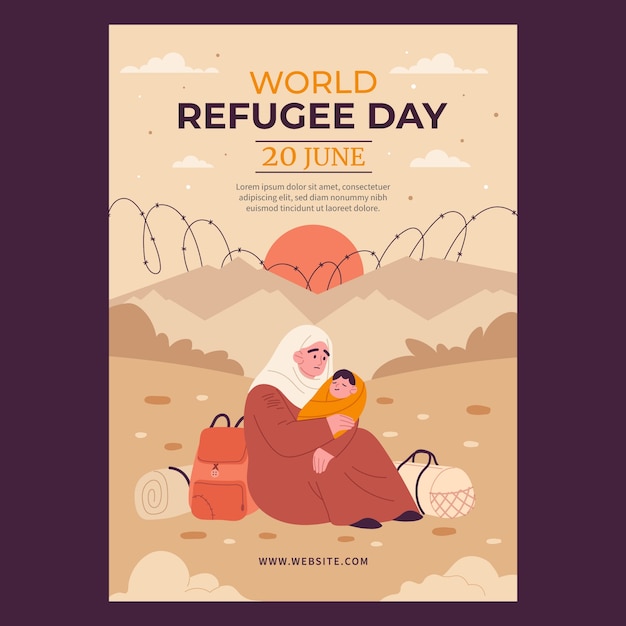 Vector flat world refugee day vertical poster template