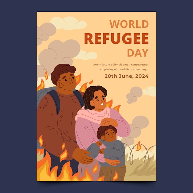 Vector flat world refugee day vertical poster template