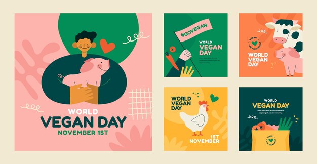 Vector flat world vegan day instagram posts collection