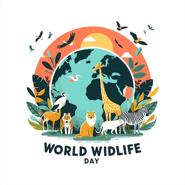 Flat World Wildlife Day vector illustration with poster background