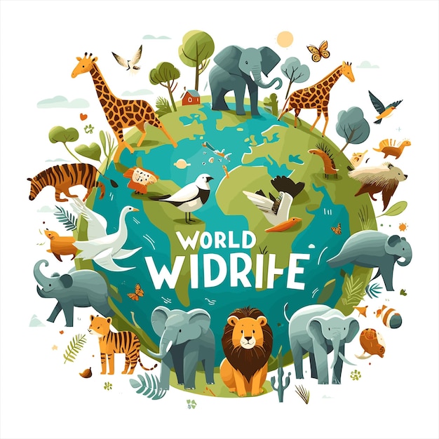 Flat World Wildlife Day vector illustration with poster background