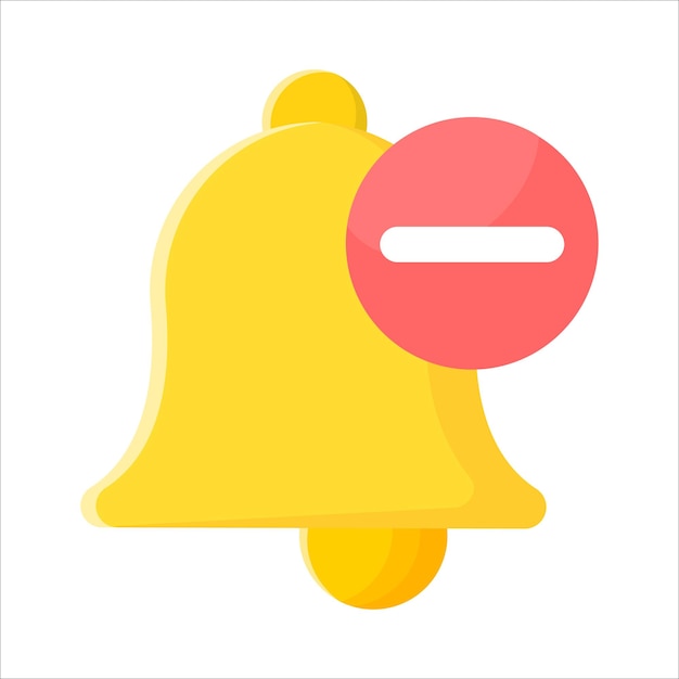 Flat yellow bell alert with minus sign in red circle on white background