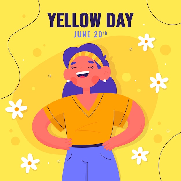 Flat yellow day illustration with woman smiling