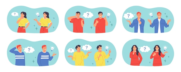 Flat young people asking questions illustration set