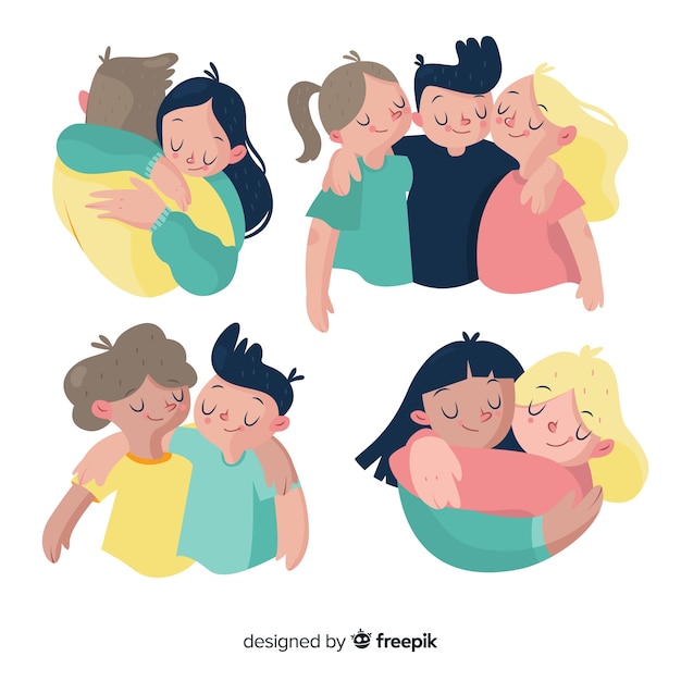 Vector flat youth people hugging together 