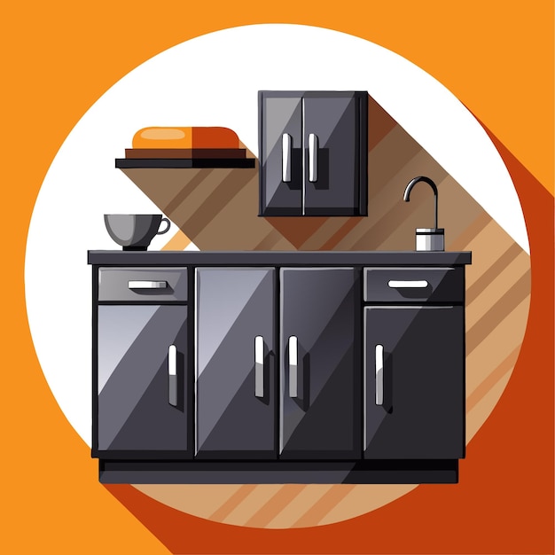 A flatstyle illustration of a kitchen counter with black cabinets a sink and a shelf