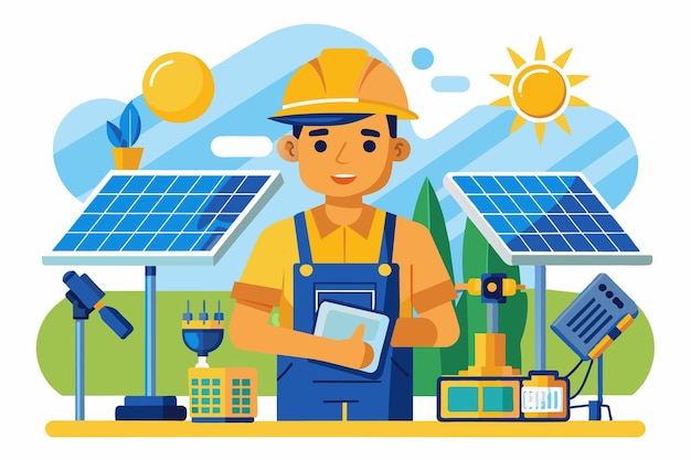 FlatStyle Vector Art of Solar Panel Installer with Tools