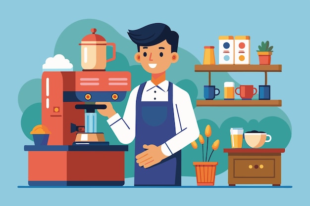 FlatStyle Vector of Barista with Coffee Machine and Cup