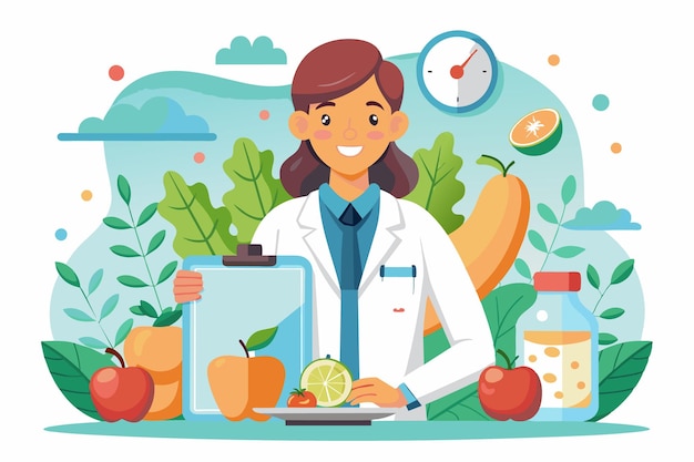 FlatStyle Vector of Dietitian with Healthy Foods and Meal Plan