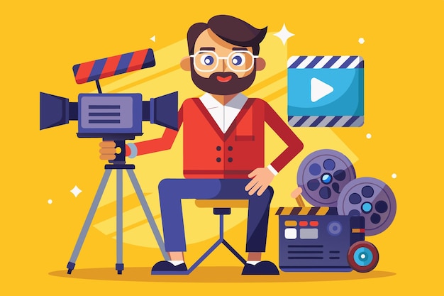 Vector flatstyle vector of film director with camera and directors chair