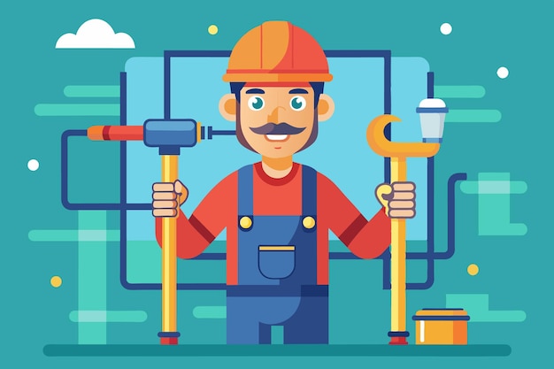 FlatStyle Vector of Plumber with Plunger and Pipes