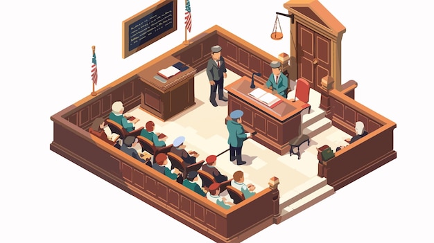 Flawless Vector Courtroom Scene with Judge Jury and Defendant