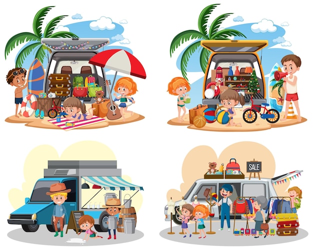 Flea market concept with set of different car boot sales