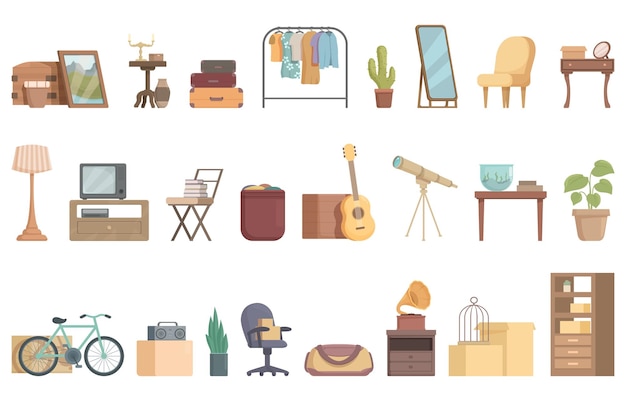 Flea market icons set cartoon vector Store sell Used garage