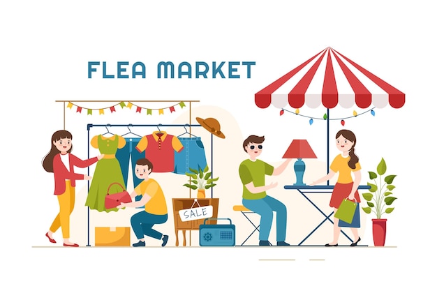 Flea Market Template Illustration Second Hand Shop with Sellers and Customers at Weekend