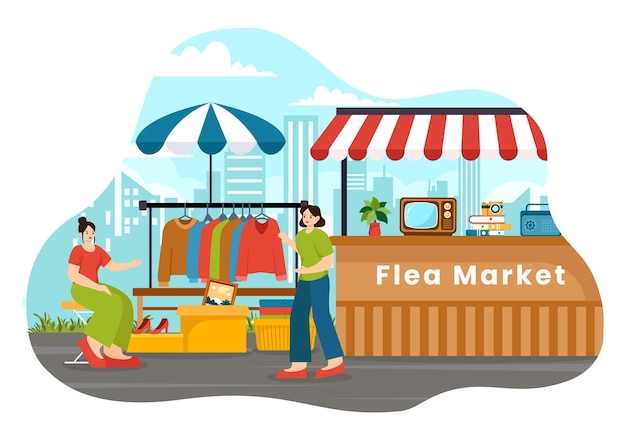 Flea Market Vector Illustration with Second Hand Shop with Shoppers and Customers at Weekend