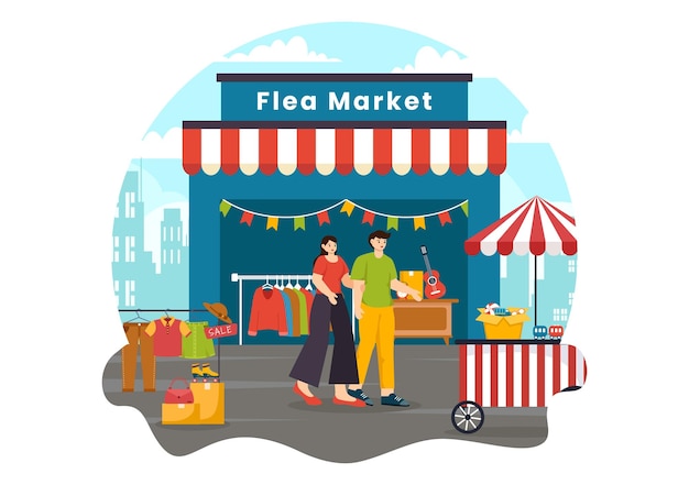 Flea Market Vector Illustration with Second Hand Shop with Shoppers and Customers at Weekend