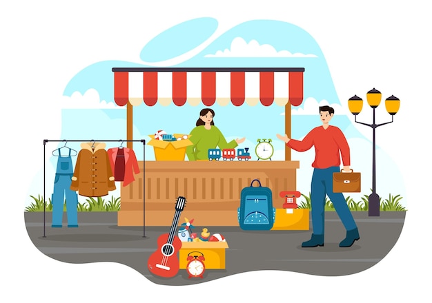 Flea Market Vector Illustration with Second Hand Shop with Shoppers and Customers at Weekend