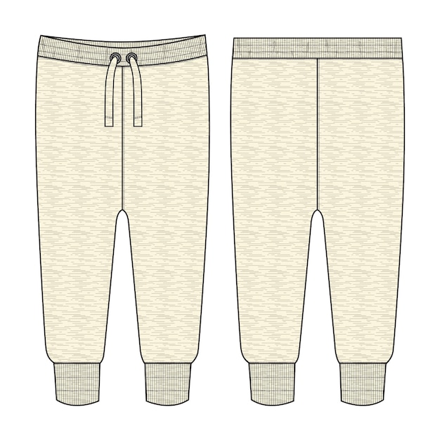 Fleece cotton jersey basic Sweat pant technical fashion flat sketch template front and back views.