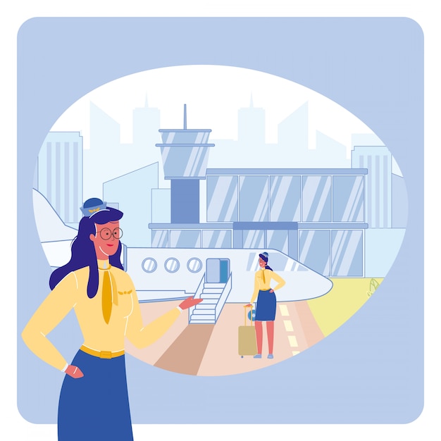 Flight Attendant in Airport Vector Illustration