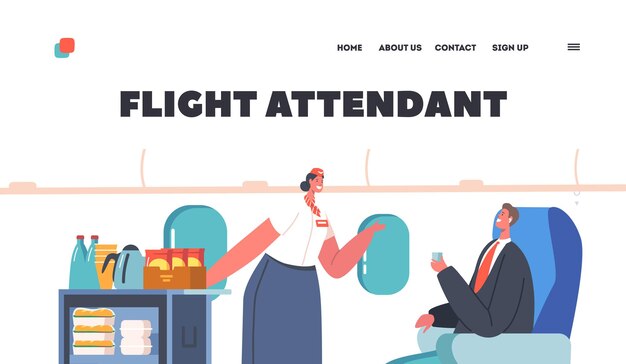 Flight Attendant Landing Page Template Airline Service Stewardess Offer Drinks on Trolley for Businessman Sitting on Chair Airplane Crew and Passenger Characters Cartoon People Vector Illustration