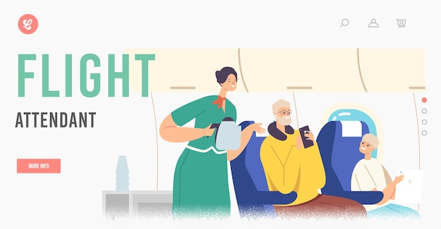 Flight Attendant Landing Page Template. Family Characters Inside of Plane. Stewardess and Passengers during Mealtime in Economy Class. Woman Air Hostess with Teapot. Cartoon People Vector Illustration