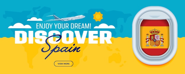 Flight to Spain traveling theme banner design for website mobile app