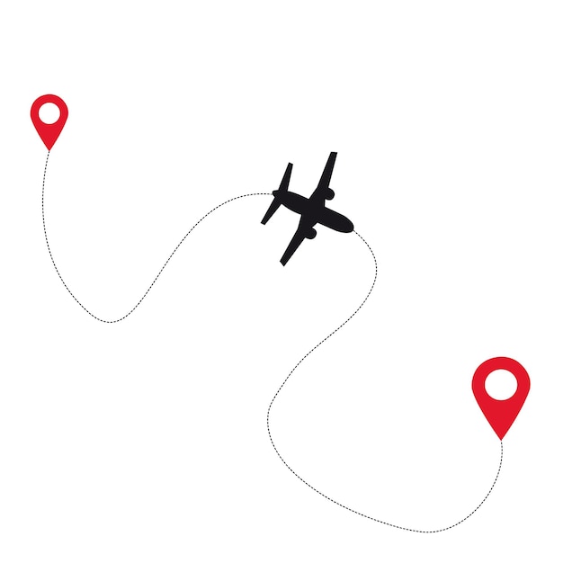 A flight trace with an airplane and location marks on a white background with copy space