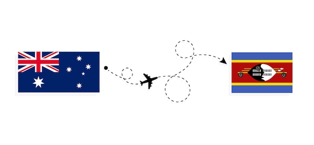 Flight and travel from Australia to Eswatini by passenger airplane. Airplane route and country flags. Travel concept