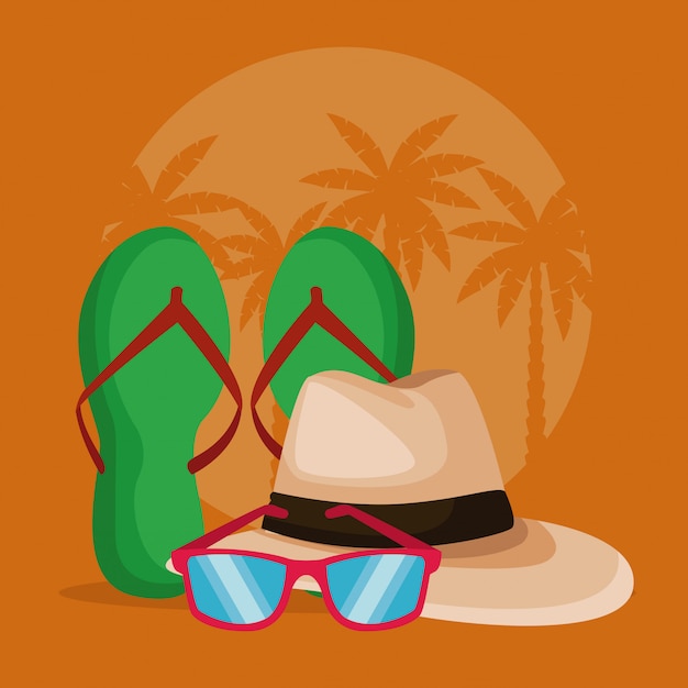 Flip flops and hat with sunglasses 