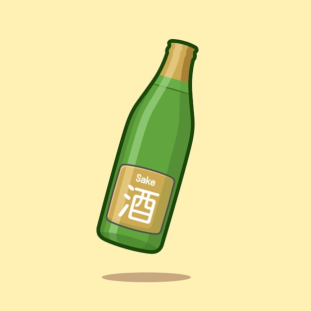 Floating green sake bottle cartoon vector icon illustration