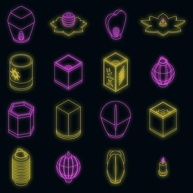 Floating lantern icons set vector neon