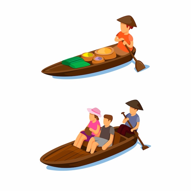 Floating market traditional. woman selling food and tourist transport in boat symbol concept in cartoon illustration