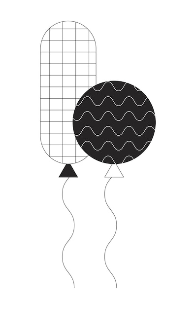 Vector floating pair of balloons on strings black and white 2d line cartoon object