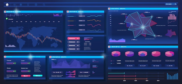 Floating stock market chart UI UX user interface analysis on the desktop Binary stock market option Platform with application for trading Forex Exchange