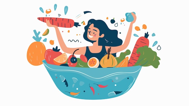 Vector floating woman cartoon preparing healthy food