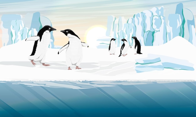 A flock of Adelie Penguin stands on the ocean shore with a glacier in the background