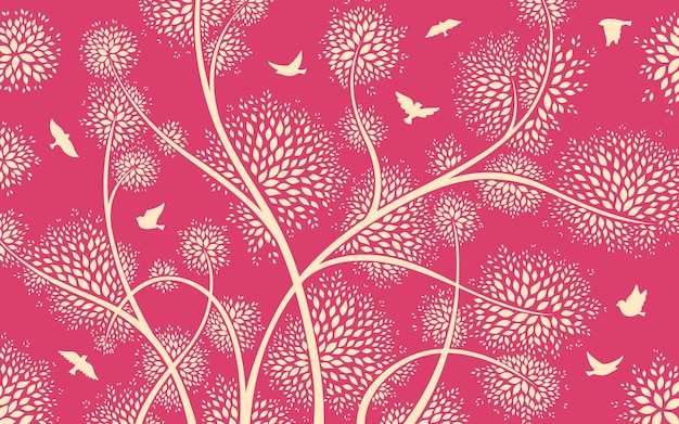 Flock bird tree branches silhouette pattern abstract fly dove vintage wallpaper background artwork