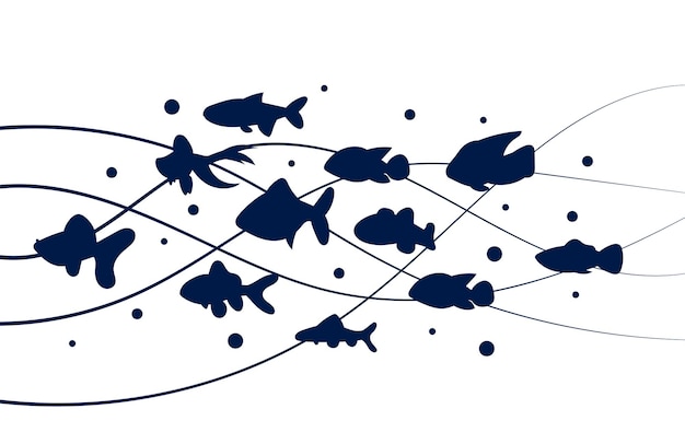 A flock of fish silhouette are floating on the waves isolated on white background A group animals