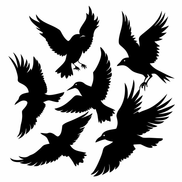 Vector flock of flying crows on white background