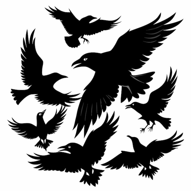 Vector flock of flying crows on white background