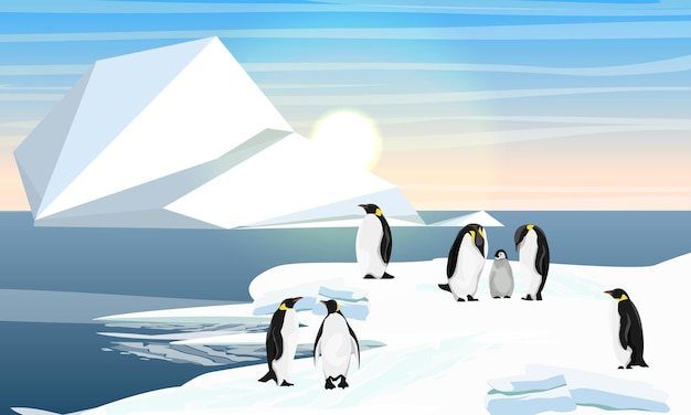 A flock of realistic emperor penguins with a chick Coast of cold ocean or sea Iceberg