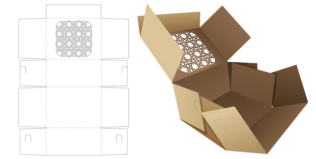 Floding cake box with stenciled Arabic pattern die cut template and 3D mockup