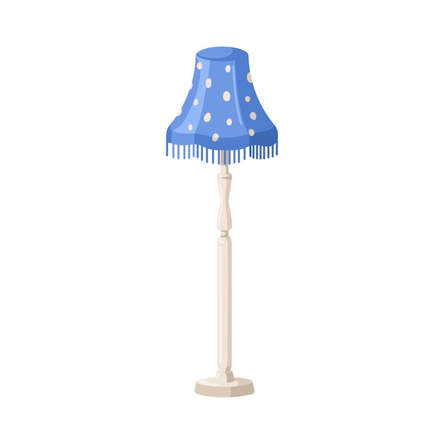 Floor lamp Standing luminaire electric light with bellshaped shade Retrostyled lampshade with polka dot pattern and fringe decor Flat cartoon vector illustration isolated on white background